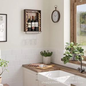 Wine Rack <b>Display</b> <b>Cabinet</b> Solid Wood Iron <b>Wall</b> <b>Mounted</b> Bottle Stemware Storage Unit 4 In 1 Home Bar Decor - Product Image 3