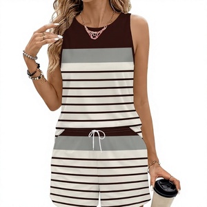 Women Striped Sleeveless Top Shorts Set O-Neck Halter Knitted Regular Fit Casual Spring Summer Wear Knee Breathable 2 Piece - Product Image 3