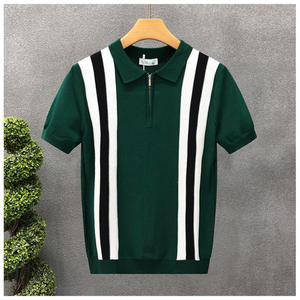 เสื้อโปโลผู้ชายสไตล์เกาหลีสำหรับฤดูร้อน เนื้อผ้าไหมน้ำแข็งระบายอากาศดี ลายทางแนวตั้ง  ถักทออย่างประณีต เหมาะสำหรับวัยรุ่น สวมใส่สบายๆ - Product Image 5