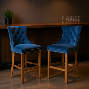 Blue <b>Velvet</b> Upholstered <b>Barstools</b> Button Tufted Wooden Legs Nailhead Trim Contemporary Style 2 Piece - Product Image 2