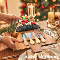 Planche de service en bois d'acacia en forme de sapin de Noël avec 4 couteaux à fromage, plateau de service divisé pour Noël, décoration de table de fête