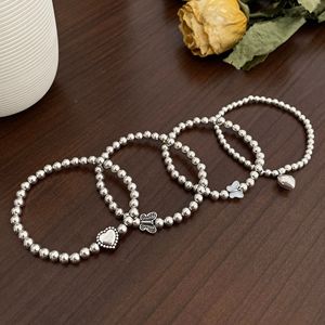 S925 Sterling Silver Heart <b>Bracelet</b> For Women Elastic Round <b>Bead</b> Charm Jewelry Everyday Wear Instagram Style - Product Image 4