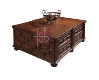 Table basse vintage américaine en bois massif avec 6 tiroirs de rangement, plateau relevable, panneau encastré, cadre sculpté, pieds en forme de pattes de cerf, finition vieillie