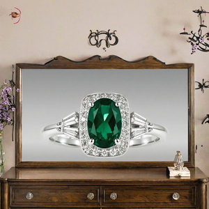 Bague en argent sterling 925 avec pierre précieuse ovale verte, bijoux de mariée Halo pour femmes, cadeau de fiançailles et de mariage - Product Image 2