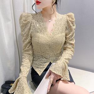 Retro cuello en V manga elástico encaje lentejuelas brillante Chic Puff manga encaje hermosa espalda moda camisa - Product Image 2