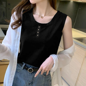 White Sleeveless Camisole Top With Buttons Women's Solid Color Polyester Base Layer Summer Vest Slim Fit T Shirt - Product Image 3