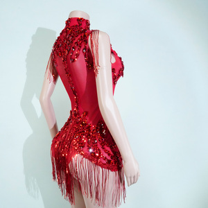 Justaucorps Scintillant Rouge Rubis Passionné avec Franges en Strass pour Danse Flamenco, Tango, <span class=keywords><strong>Samba</strong></span>, Spectacle, Diva, Showgirl, Tenue de Scène, Événementiel - Product Image 6