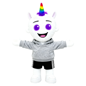 Suave y Adorable Juguete de Unicornio con Cuernos de Arcoíris, Animal de Peluche con Sudadera Gris y Pantalones Cortos Negros - Product Image 1