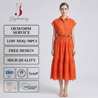 Robe chemise élégante Joydressing orange brodée à œillets pour femme, boutonnée, à volants, coupe trapèze, longueur midi, pour l'été, vente en gros, personnalisable
