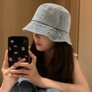 Washed Denim Bucket Hat With Pink <b>Bow</b> For Women Summer Sun Protection Hat <b>Large</b> Head Circumference - Product Image 1