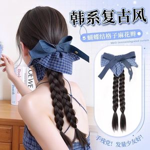 Blue Plaid Double <b>Braided</b> Ponytail With Bow Hair Clip Realistic Wig <b>Accessory</b> For Women - Product Image 3