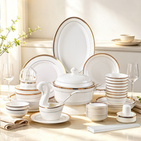Service de table en porcelaine fine HY Luxury Gold Rim, assiettes et bols en céramique, 60 pièces, motif floral classique, passe au lave-vaisselle, adapté aux aliments