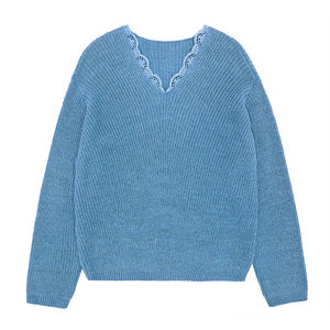 <span class=keywords><strong>Pull</strong></span> en dentelle de couleur unie personnalisé <span class=keywords><strong>femme</strong></span> nouveau automne col en V à manches longues chandails en tricot - Product Image 4