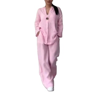 Ensemble 2 pièces en coton pour femmes, chemise à manches longues à col boutonné en V + pantalon long à taille élastique, décontracté et respirant - Product Image 1