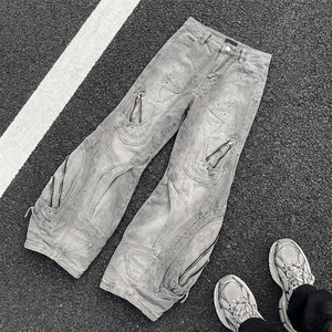 Pantalones Personalizados para <span class=keywords><strong>Hombre</strong></span>, Jeans Holgados que Imitan el Denim de Algodón Deslavado Oscuro, Cintura Alta, Pierna Ancha, Estilo Retro Urbano, Botones Curvos - Product Image 1