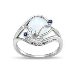 Anello da Donna F325 con Pietra di Luna Ovale Naturale, Montatura a Griffe, Motivo Vegetale, Anelli di Fidanzamento alla Moda - Product Image 2