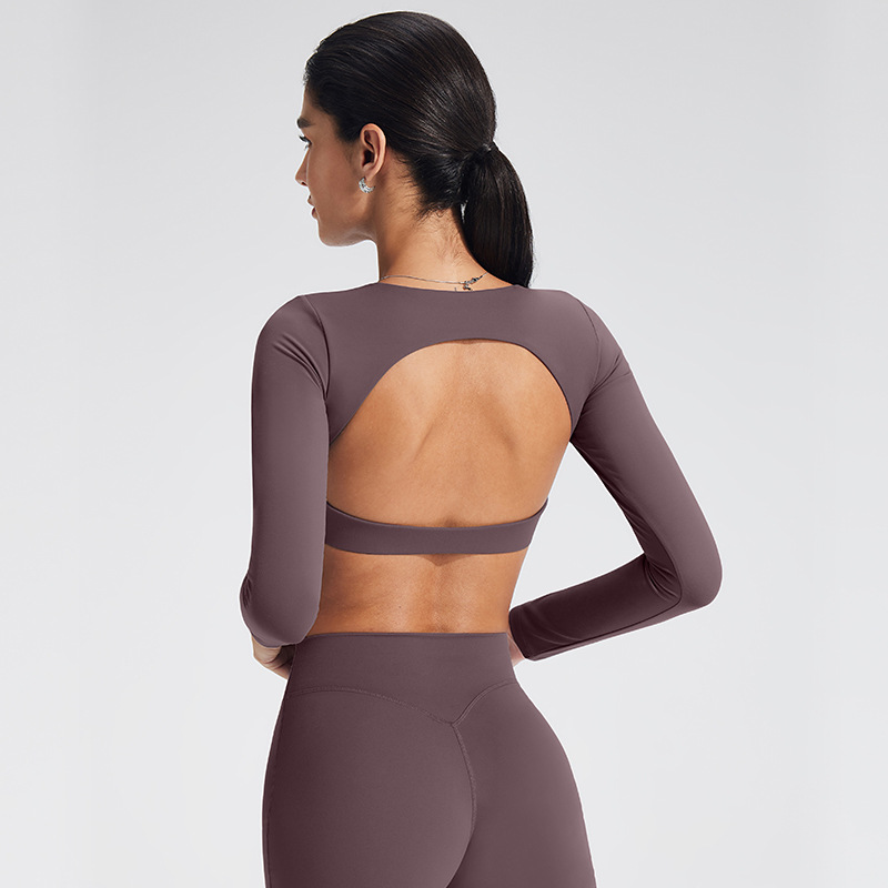 Women Hollow Back Quick Dry Yoga Crop Top Long Sleeve Breathable Fitness Training Athletic Wear