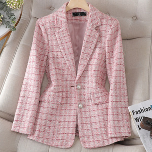 Pink Women's Tweed Blazer Plaid Wool Suit Jacket Slim Fit Autumn Winter 2025 - Product Image 1