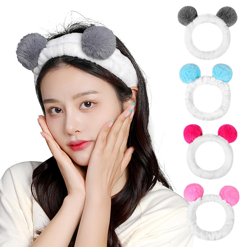 Wholesale Women's Sweet Plush Panda Ear Headbands Cute Animal Inspired Coral Fleece Makeup Shower Facial Headwrap One Size Fits