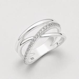 White Topaz 925 Sterling <b>Silver</b> <b>Ring</b> - Crossover Wave Band with Pave CZ Row - Product Image 5