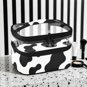 Wholesale Custom Cow Printed Double Layer Makeup <b>Bag</b> <b>Clear</b> Top Cosmetic Pouch Cute Waterproof <b>Toiletry</b> Wash <b>Bag</b> for Women - Product Image 1