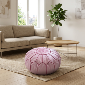 Pouf ottoman rond marocain en cuir rose fait main, coussin de sol bohème pour décoration intérieure, salon, maison, restaurant, hôtel - Product Image 3
