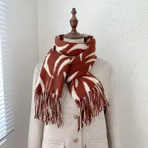 Wholesale Winter Warm Lady Cashmere Pashmina Wrap Neck Shawls Stole Polyester Printed Zebra-Stripe Scarves With Tassel