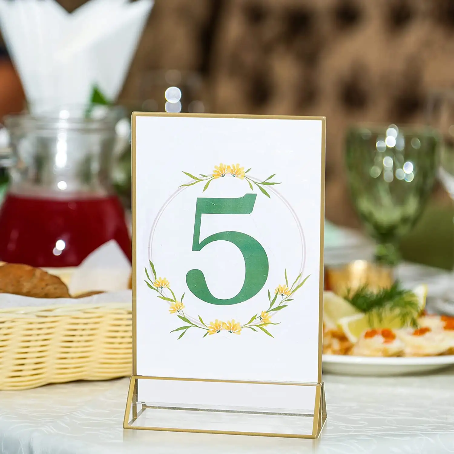 Clear double side acrylic menu holder wedding table Number Gold border frame display stand for Party Photo Art Display