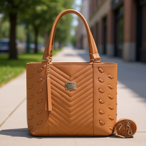 Bolso Tote de Cuero para Mujer Fana Cristina, Modelo M3879, Color Camel, con Patrón Geométrico, para Uso Diario, con Dos Asas y Cierre de Cremallera - Product Image 2