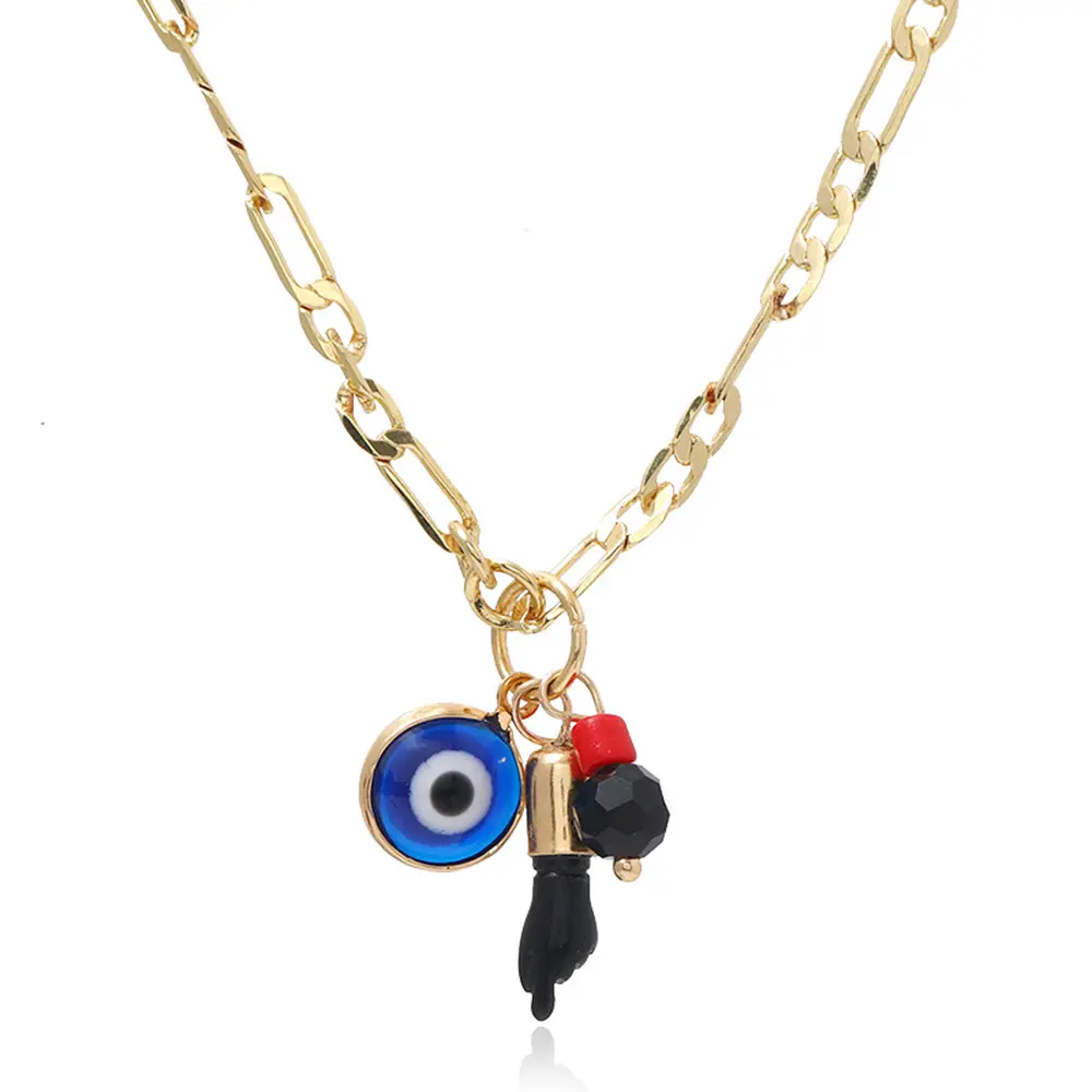 Figaro Stainless Steel Pendant With Black Small Hands Turkey Blue Eyes Devil Eye 14K Gold Filled Jewelry E Collar