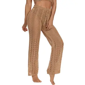 Crochet Beachwear 2022 New Women Hollowed Out Knitted Beach Outfits Casual Trousers Wide Leg Bikini Cover Ups