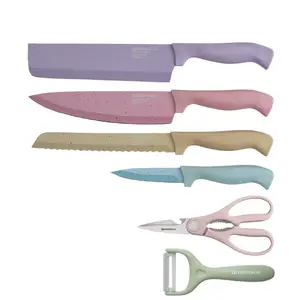 Лидер продаж, набор из 6 антипригарных ножей с красочным покрытием из медицинского камня, набор кухонных комбинированных ножей из нержавеющей стали для повара