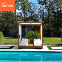 Ensemble de mobilier d'extérieur de style moderne et luxueux Lit de jour double en teck avec rideau Lit de jour cabane latérale pour piscine avec baldaquin