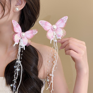 Fashionable Sweet Girl Fabric Hair Accessories Mesh Butterfly Pearl Rice Bead Tassel Hairpin Duckbill <b>Clip</b> Carton Packaging - Product Image 2