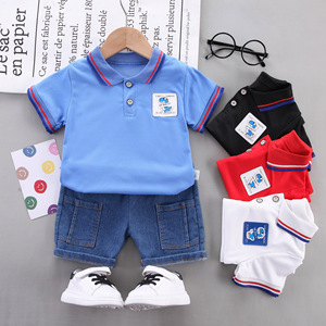 Completo estivo per bambini da 0 a 4 anni, polo a maniche corte e pantaloncini in denim, set di abbigliamento casual per bambini. - Product Image 3