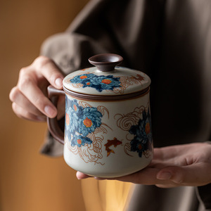 Guanlan Ceramic <b>Mug</b> Floral Design <b>Large</b> Capacity Office Tea Cup New Chinese Style - Product Image 1