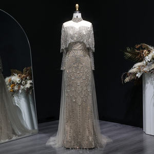 Sharon zei: SS557 Luxe grijze Dubai avondjurk met cape, lange mouwen, afneembare overskirt voor dames bruiloft feest - Product Image 1