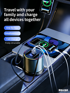 Chargeur de voiture rétractable 36W avec support de tasse, adaptateur de charge rapide 4 ports avec câbles USB Type-C et <span class=keywords><strong>Lightning</strong></span> - Product Image 2