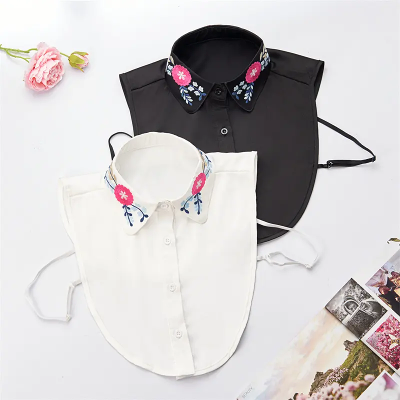 하이 퀄리티 블랙 화이트 부티크 자수 꽃 패턴 디자인 셔츠 가짜 칼라 레이스 넥
