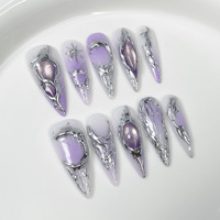Faux ongles longs à talon aiguille pour la plage, avec breloques 3D fleurs bleues, étoiles de mer, hippocampes, coquillages et perles, faits à la main pour femmes