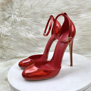 Zapatos de Tacón de Aguja para Mujer en Rojo Metálico con Punta Redonda y Correa al Tobillo, Calzado de Verano para Dama Estilo <span class=keywords><strong>Pasarela</strong></span> - Product Image 3