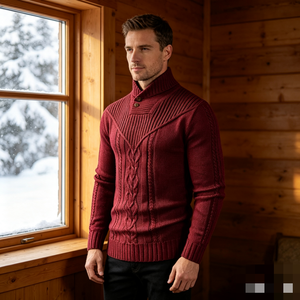 Maglione da <span class=keywords><strong>Uomo</strong></span> Invernale/Autunnale con Collo a Scialle, Scollo a V, Lavorazione a Treccia, Bottoni Frontali, Dettaglio Intrecciato Centrale, Vestibilità Slim - Product Image 4