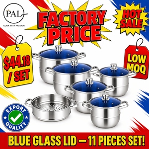 Ensemble de casseroles de luxe de haute qualité en acier inoxydable classique, 11 pièces, revêtement antiadhésif en céramique, couvercles en verre, poignées courbées en D, cuiseur vapeur - Product Image 1