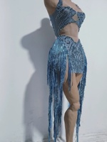 Robe Courte Moulante Halter à Découpes, Strass et Franges, en Maille Transparente, pour Soirée, Club, Anniversaire, Tenue de Fête pour Femme
