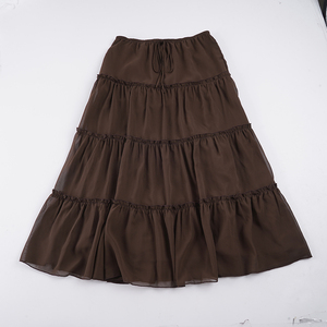 Falda midi de verano con cintura elástica marrón, corte en A, patchwork de malla, detalle de lazo, estilo casual europeo americano para chica moderna. - Product Image 6