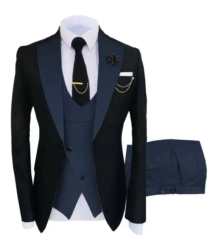 Navy Costume Homme Groom Tuxedos Men Suits Peaked Lapel Wedding Prom Terno Masculino Slim Fit Blazer 3 Pcs (Jacket+Pants+Vest)