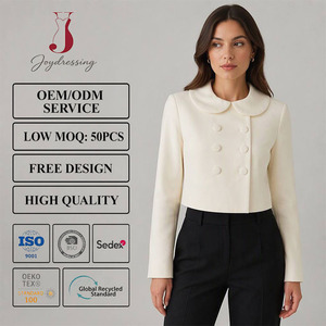 Joydressing Elegant Vintage Cropped <strong>Blazer</strong> Peter Pan Collar Double Breasted Ivory <strong>Suit</strong> Jacket Women OEM ODM - Product Image 1