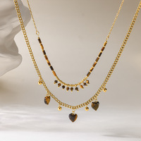 Collier pour femme en acier inoxydable plaqué or PVD 18 carats, style Maillard Bohème Vintage, avec pendentif cœur en pierre œil de tigre naturelle et perles superposées