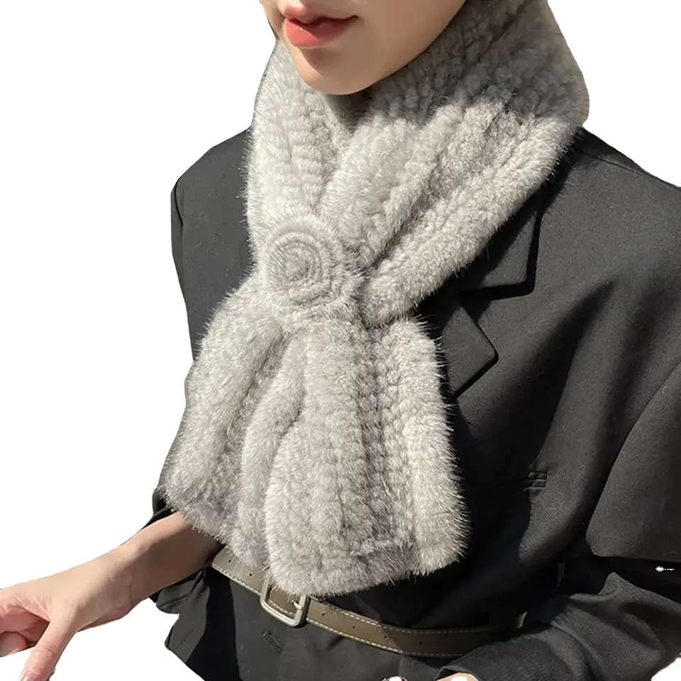 WMfur Rosette Hand Knit Luxury Mink Fur Scarf for Women Fashion Winter Warmer Brown Fashion Mink Fur Scarf