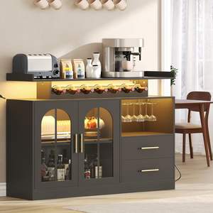 Meuble Bar Moderne <span class=keywords><strong>Noir</strong></span> avec Éclairage LED, Portes en Verre Cintrées, Casier à Vin et Buffet de Rangement pour Bar à Domicile ou Salle à Manger - Product Image 6